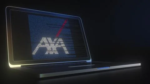 AXA logo made with computer code on the laptop screen. Editorial conceptual 3d 스톡 일러스트