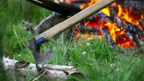Axe and campfire Video stock 80458425