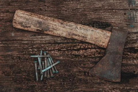 Axe and nails. Stock Photos