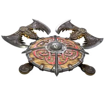 Axe and viking shield on an isolated white background. 3d illustration Stock Photos