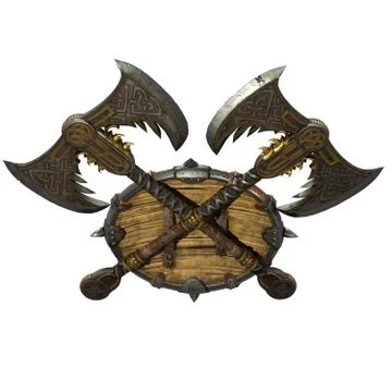 Axe and viking shield on an isolated white background. 3d illustration Stock Photos