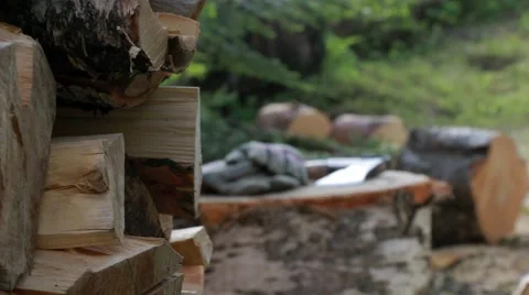 Axe and work gloves on a wood chopping block Stock Footage 52313992