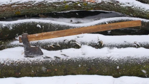 Axe Cutting Down Trees In Winer Stock Footage 87699183