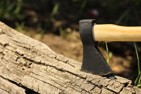 Axe embedded in a log outdoors Stock Photos