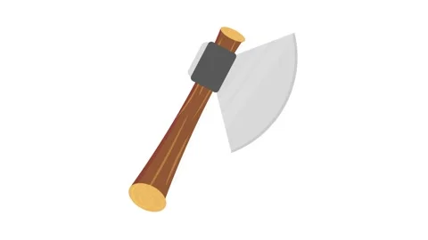 An axe featuring a wooden handle and a sharp metal blade, resting on a wood.. Vidéo 332390617
