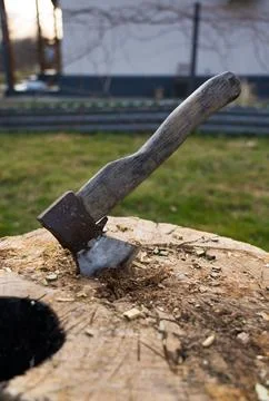 Axe is hammered into an oak block. The axe is stuck in the deck Stock Photos