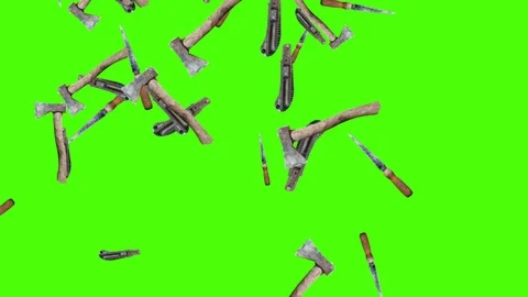 Axe hatchet and cutting tools falling animation loop , green screen chroma key Stock Footage 127023841