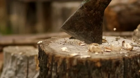 The axe hits the stump. It gets stuck in a tree stump. Firewood Stock Footage 138408302