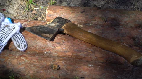 Axe on the pine's log. Panorama Stock Footage 64474456