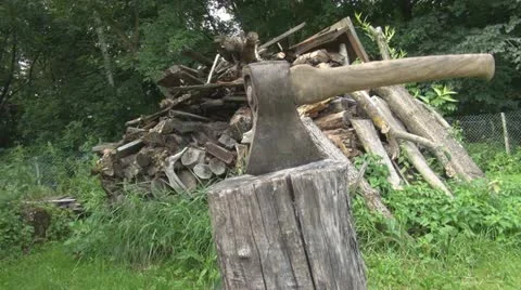 Axe at rest in a block of wood 스톡 동영상 11883421
