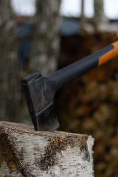 An axe resting on a birch log. Фото