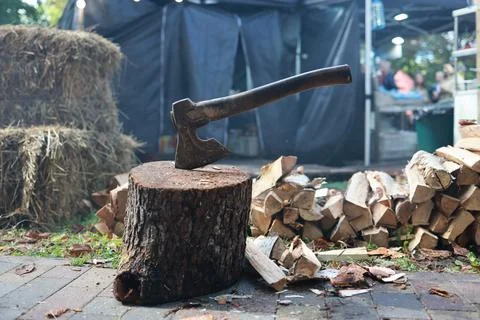 An axe is seen resting on a log in a backyard. Stacks of firewood are organiz Stock Photos