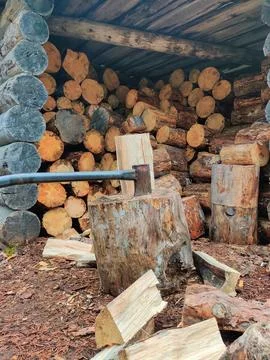An axe stuck in a chopping block with split firewood pieces scattered around  Stock-Fotos