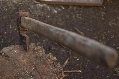 Axe stuck in a log Stock Photos
