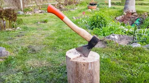 Axe stuck in the stump. Stock Photos