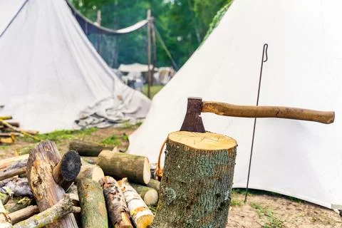 An axe stuck in the stump of a tree with chopped logs Stock-Fotos