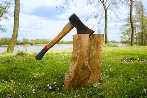 Axe in the stump. Axe impaled in the log. Lake in the background. Stock Photos