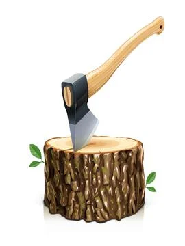 Axe with stump. Manual tool for chop wood. Vector illustration. Illustrazione stock