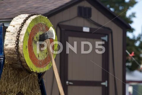 Axe throw contest bullseye target Stock Photos