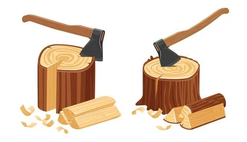 Axe tool in tree stump. Camping ax cuts wood or firewood. Logs and timber Stock Illustration