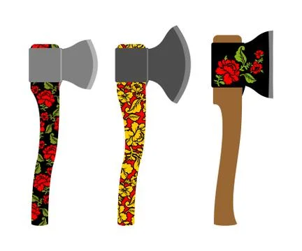 Axe  traditional  Russian  pattern of colors - khokhloma. Weapons with Metal  Stock Illustration