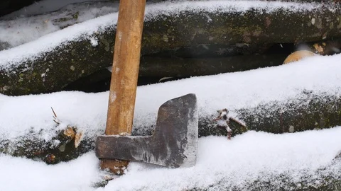 Axe On The Trees In Winter Stock Footage 87699448