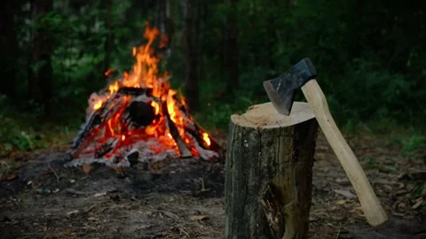 Axe on wood stump with burning campfire in forest nature camping background Video stock 341878501