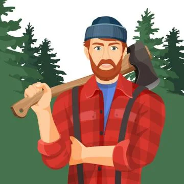 Axeman with axe in forest. Lumberman with element for woodworking Stock Illustration