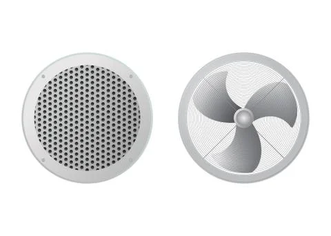Axial flow fan and round ventilation grille. Ilustración de archivo