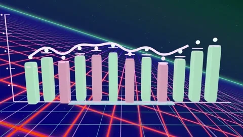 Axis appearing, 3D chart filling, mint pink bars rising and trend line drawing Stock Footage 335637275