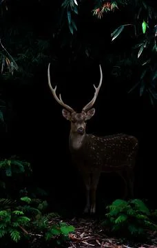Axis deer standing in the dark forest Foto stock