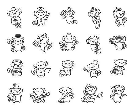 Axolotl professions set featuring adorable Stock Illustration