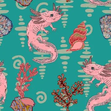 Axolotl shell coral abstract summer seamless pattern with organic shapes and  Stock Illustration