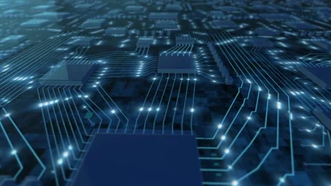 Axonometric Sci-Fi digital blue background, printed circuit board with chips and Stock Footage 143564126