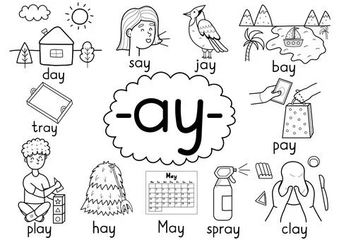 Ay digraph spelling rule black and white educational poster for kids Stock Illustration