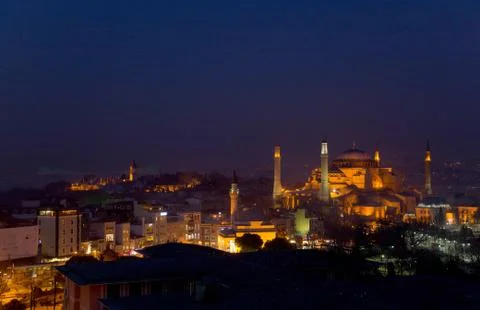 Aya Sofya at dusk with Bosphorus bridge in background, Istanbul, Turkey Stock Photos