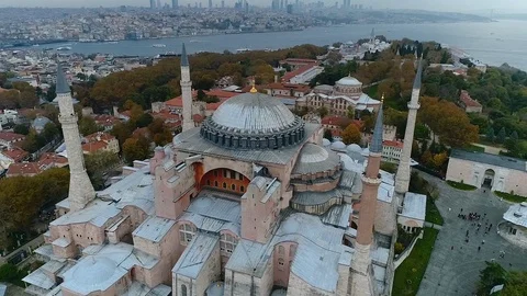 Aya Sofya museum aerial footage at dawn, Istanbul old town, oe01 Stock Footage 116829883