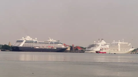 Azamara pursuit and silver moon cruise ships docked at benoa port harbor in bali Stock Footage 329459682