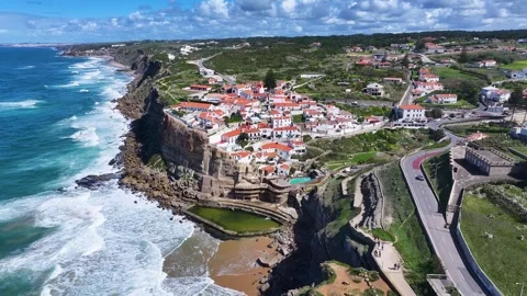 Azenhas Do Mar Beach At Sintra Lisbon District Portugal. Turquoise Ocean Waves G Stock Footage 309493176