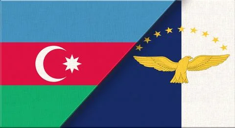 Azerbaijan and Azor islands flags on fabric texture for sport and diplomacy Stock Illustration