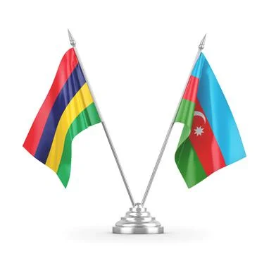 Azerbaijan and Mauritius table flags isolated on white 3D rendering Stock Illustration