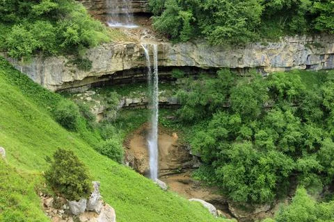 Azerbaijan. Beautiful waterfall in the mountains.  Kusar district. Stock Photos