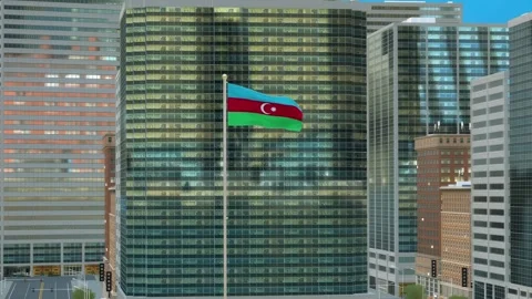Azerbaijan Flag 3D Render Animation on Pole with Modern Business District Bu Stock-Footage 333041060