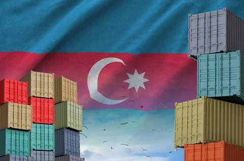 Azerbaijan flag and big stack of shipping cargo containers in docks with sky Stock Illustration