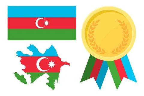 Azerbaijan flag with map and gold medal in set for web and banners or app a.. Stock Illustration