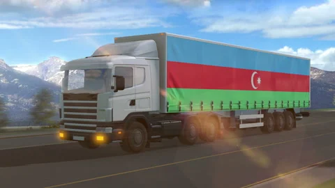 Azerbaijan flag shown on the side of a large truck Stock Footage 122095395