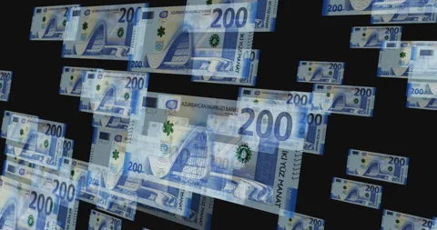 Azerbaijan manat banknote flying between transparent money Stock Footage 266904446