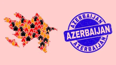 Azerbaijan Map Collage of Fire and Homes and Scratched Azerbaijan Seal Ilustração Stock