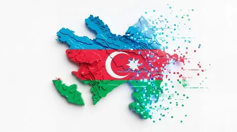 Azerbaijan map fading into digital particles showing flag design over a whi.. Ilustração Stock