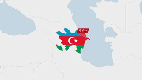 Azerbaijan map highlighted in Azerbaijan flag colors and pin of country cap.. Stock-Illustration